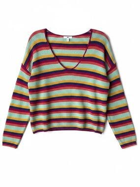 BP NORDSTROM Women's Stripe Thermal Stitch V-Neck Sweater Long Sleeve Small